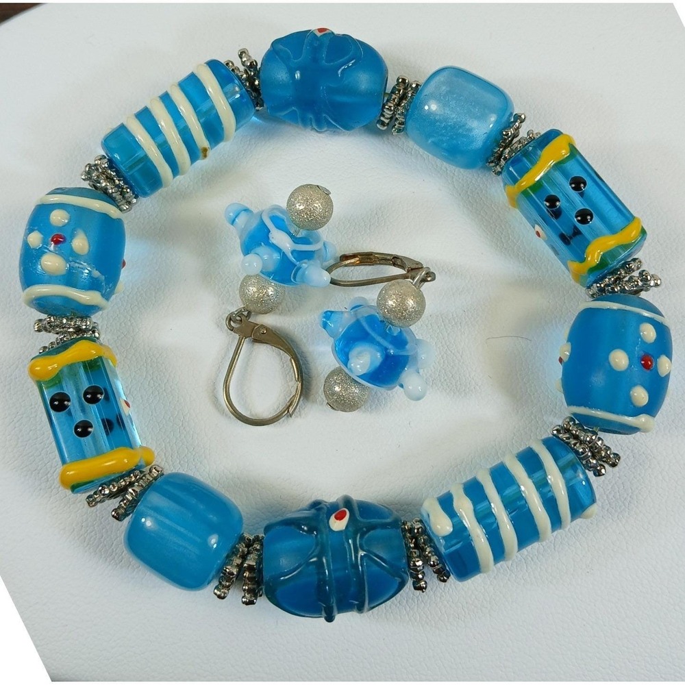 Artisan Handmade Blue Lampwork Glass Bead Stretch Bracelet and Earring Set - Picture 10 of 14